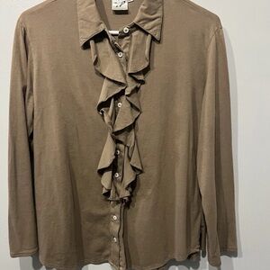 Prairie Cotton Tan long sleeve button up shirt with ruffles. Size M #boho